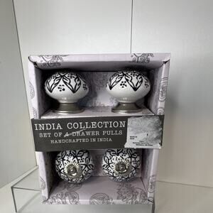 India Collection Set of 4 Round Ceramic Cabinet Knobs Floral White Black 1.5"